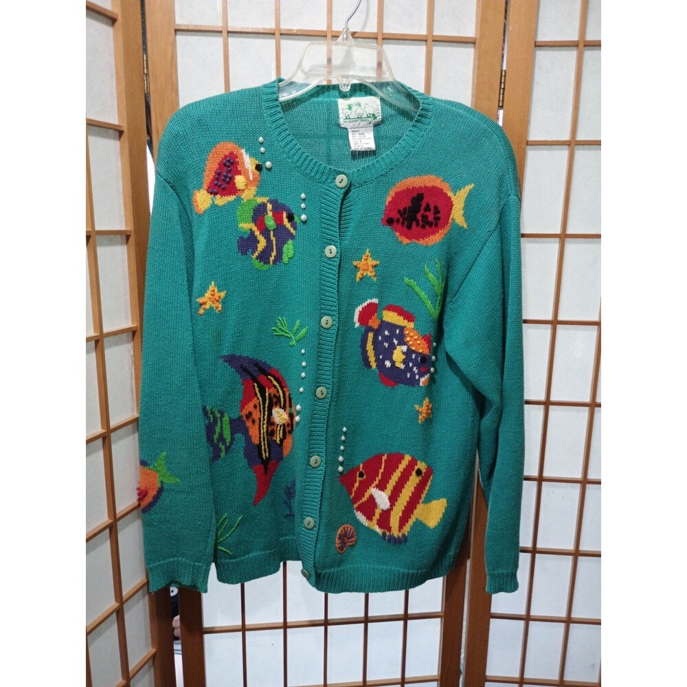 Quacker Factory Fish Cardigan Sweater S Teal Tropical Embellished Coastal vtg90s